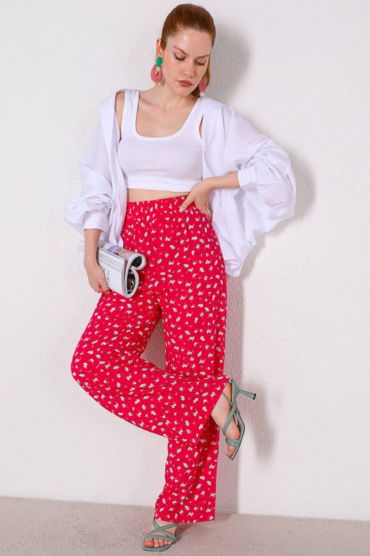 PNT-07310 Pembe Çiçek Desenli Bel Lastikli Salaş Pantolon