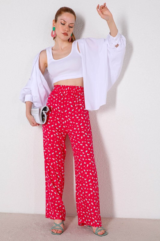 PNT-07310 Pembe Çiçek Desenli Bel Lastikli Salaş Pantolon