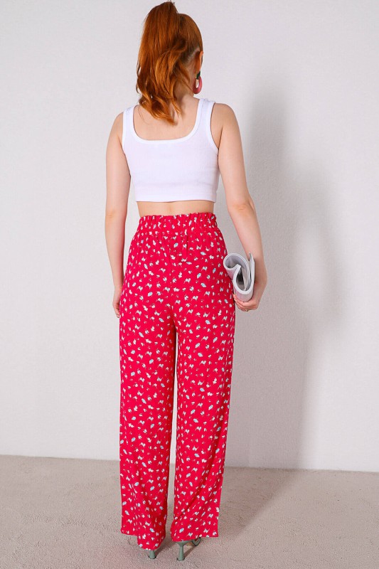 PNT-07310 Pembe Çiçek Desenli Bel Lastikli Salaş Pantolon