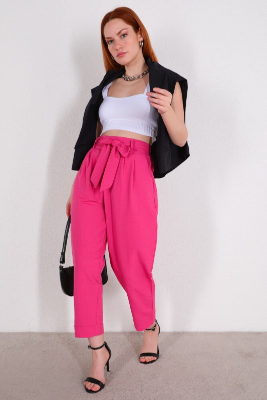 PNT-07314 Pembe Kuşaklı Salaş Bilek Boy Pantolon