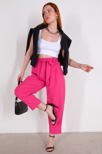 Cappmoda - PNT-07314 Pembe Kuşaklı Salaş Bilek Boy Pantolon (1)