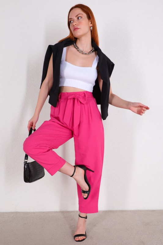 PNT-07314 Pembe Kuşaklı Salaş Bilek Boy Pantolon