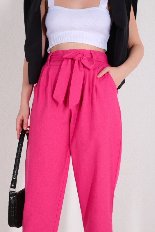 PNT-07314 Pembe Kuşaklı Salaş Bilek Boy Pantolon