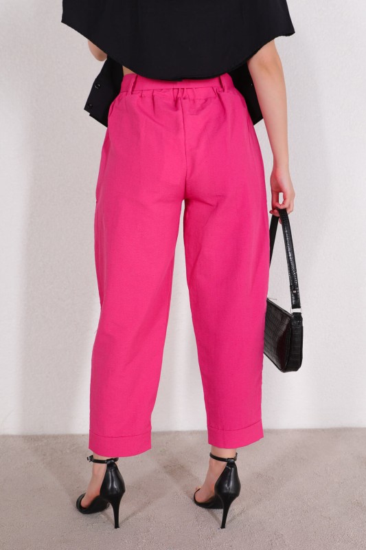 PNT-07314 Pembe Kuşaklı Salaş Bilek Boy Pantolon