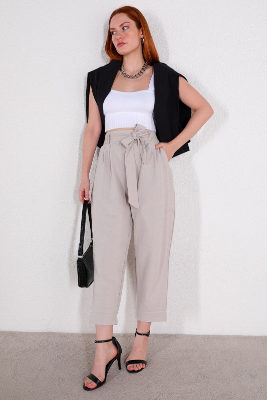 PNT-07314 Taş Rengi Kuşaklı Salaş Bilek Boy Pantolon