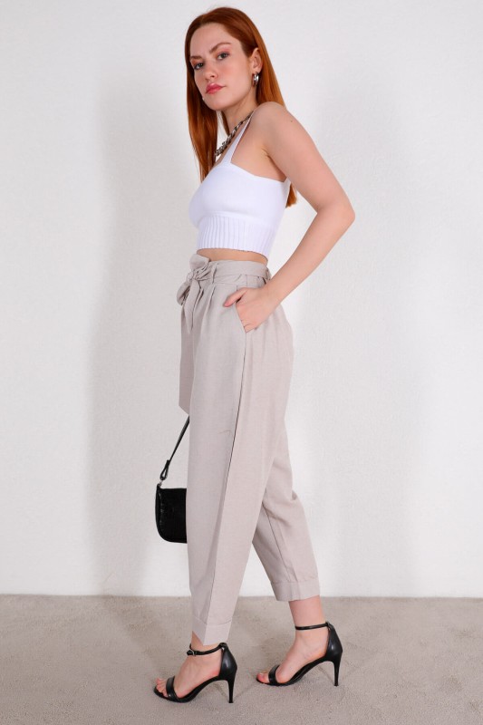 PNT-07314 Taş Rengi Kuşaklı Salaş Bilek Boy Pantolon