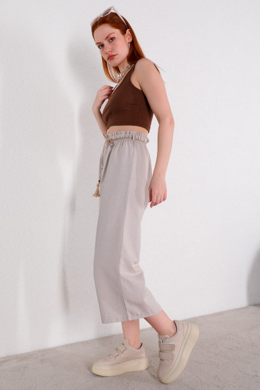 PNT-07317 Taş Rengi Hasır İpli Bol Paça Salaş Pantolon
