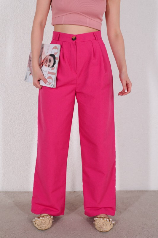 PNT-07324 Pembe Keten Kumaş Palazzo Pantolon
