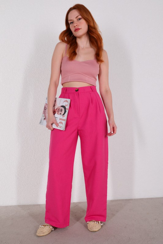 PNT-07324 Pembe Keten Kumaş Palazzo Pantolon