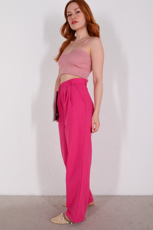 PNT-07324 Pembe Keten Kumaş Palazzo Pantolon