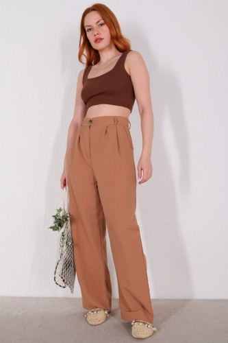 Cappmoda - PNT-07324 Taba Keten Kumaş Palazzo Pantolon (1)