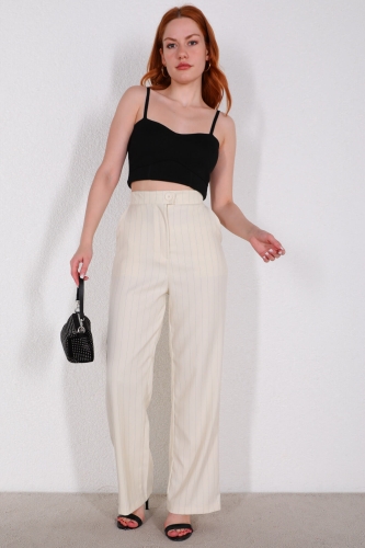 Cappmoda - PNT-07325 Krem Çizgili Kumaş Palazzo Pantolon (1)