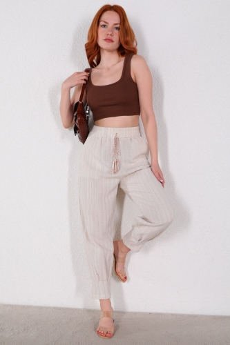Cappmoda - PNT-07326 Ekru Püskül Detaylı Hasır Viskon Kumaş Şalvar Pantolon (1)