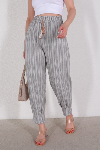 Cappmoda - PNT-07326 Gri Püskül Detaylı Hasır Viskon Kumaş Şalvar Pantolon (1)