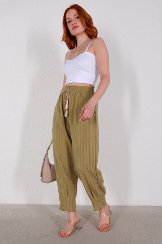 Cappmoda - PNT-07326 Haki Püskül Detaylı Hasır Viskon Kumaş Şalvar Pantolon (1)
