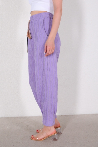 Cappmoda - PNT-07326 Lila Püskül Detaylı Hasır Viskon Kumaş Şalvar Pantolon (1)