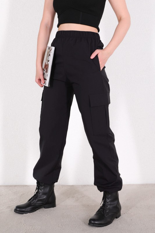 PNT-07327 Siyah Paça Lastikli Kargo Cepli Paraşüt Pantolon