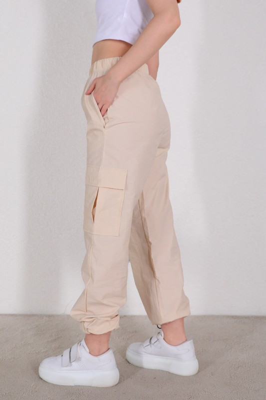 PNT-07327 Taş Rengi Paça Lastikli Kargo Cepli Paraşüt Pantolon