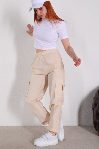 PNT-07327 Taş Rengi Paça Lastikli Kargo Cepli Paraşüt Pantolon - Thumbnail