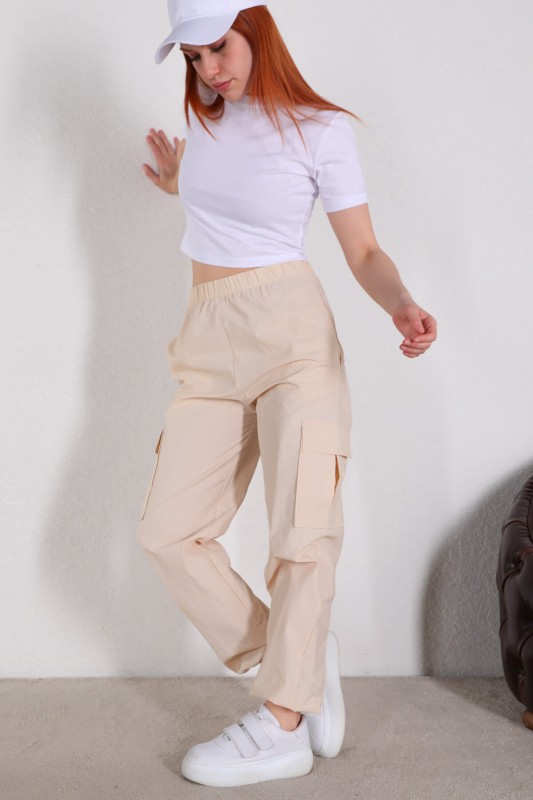 PNT-07327 Taş Rengi Paça Lastikli Kargo Cepli Paraşüt Pantolon