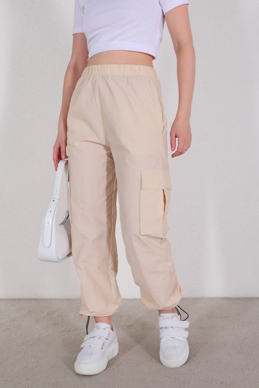 PNT-07327 Taş Rengi Paça Lastikli Kargo Cepli Paraşüt Pantolon