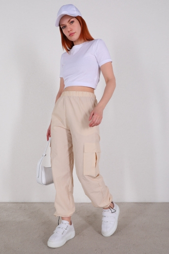 Cappmoda - PNT-07327 Taş Rengi Paça Lastikli Kargo Cepli Paraşüt Pantolon (1)