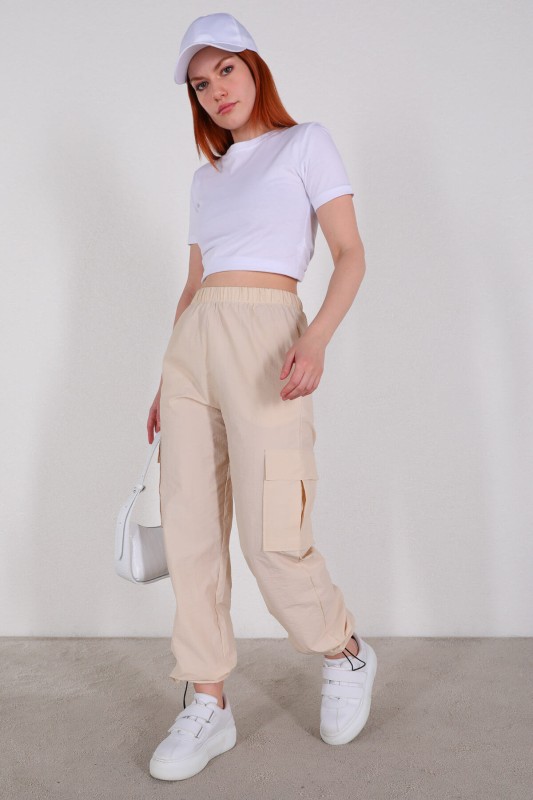 PNT-07327 Taş Rengi Paça Lastikli Kargo Cepli Paraşüt Pantolon