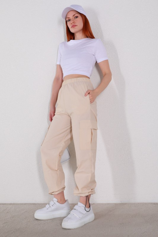 PNT-07327 Taş Rengi Paça Lastikli Kargo Cepli Paraşüt Pantolon