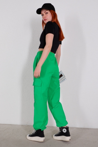 PNT-07327 Yeşil Paça Lastikli Kargo Cepli Paraşüt Pantolon - Thumbnail