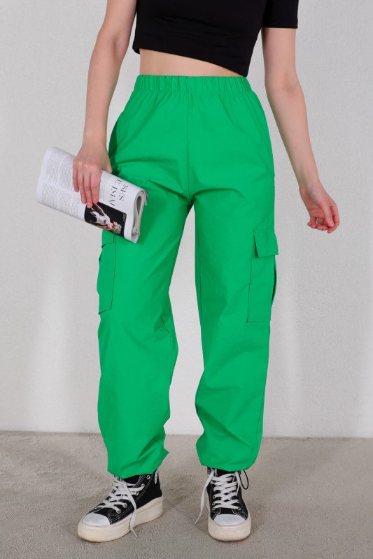 PNT-07327 Yeşil Paça Lastikli Kargo Cepli Paraşüt Pantolon