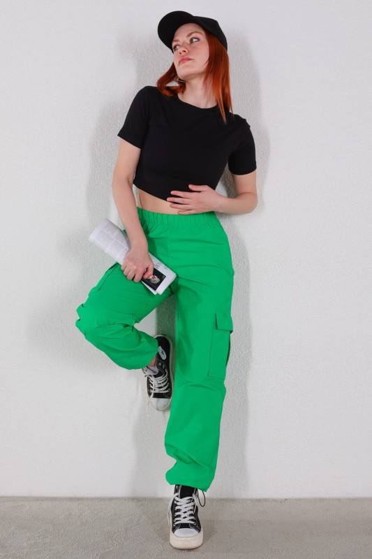 PNT-07327 Yeşil Paça Lastikli Kargo Cepli Paraşüt Pantolon