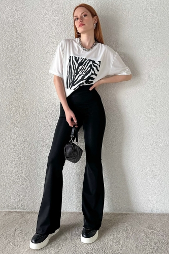 Cappmoda - PNT-07329 Siyah Dalgıç Kumaş Yüksek Bel İspanyol Paça Tayt Pantolon (1)