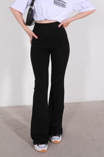 PNT-07335 Siyah Crep Kumaş İspanyol Paça Pantolon - Thumbnail