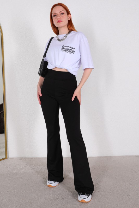 PNT-07335 Siyah Crep Kumaş İspanyol Paça Pantolon