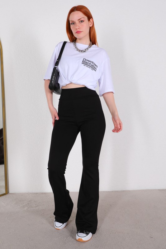 PNT-07335 Siyah Crep Kumaş İspanyol Paça Pantolon