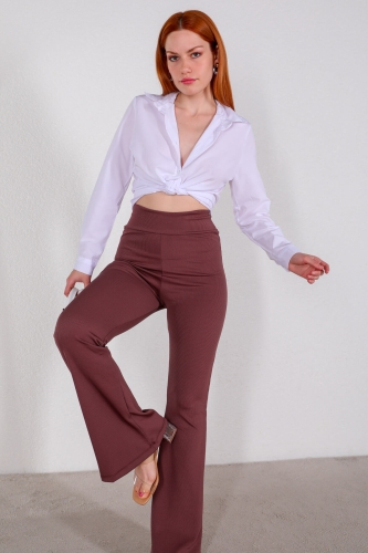 Cappmoda - PNT-07336 Kahverengi Fitilli Kaşkorse İspanyol Paça Tayt Pantolon (1)