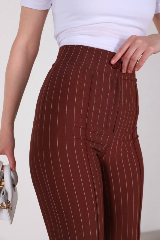 PNT-07337 Kahverengi İnce Çizgili Kumaş Salaş Pantolon