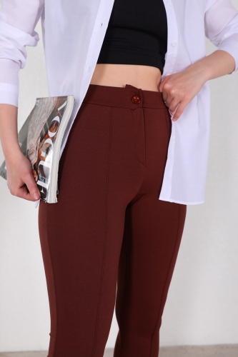Cappmoda - PNT-07338 Kahverengi Çimalı Atlas Kumaş Havuç Pantolon (1)