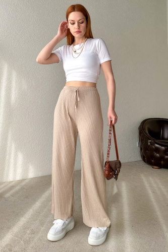 Cappmoda - PNT-07339 Taş Rengi Kaşkorse Kumaş İpli Pantolon (1)