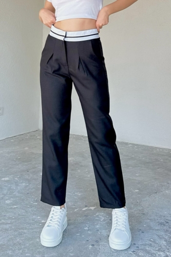 PNT-07356 Siyah Şerit Detaylı Lastikli Yünefek Kumaş Havuç Pantolon - Thumbnail