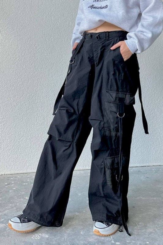 PNT-07361 Siyah Özel Tasarım Gabardin Kumaş Kargo Pantolon