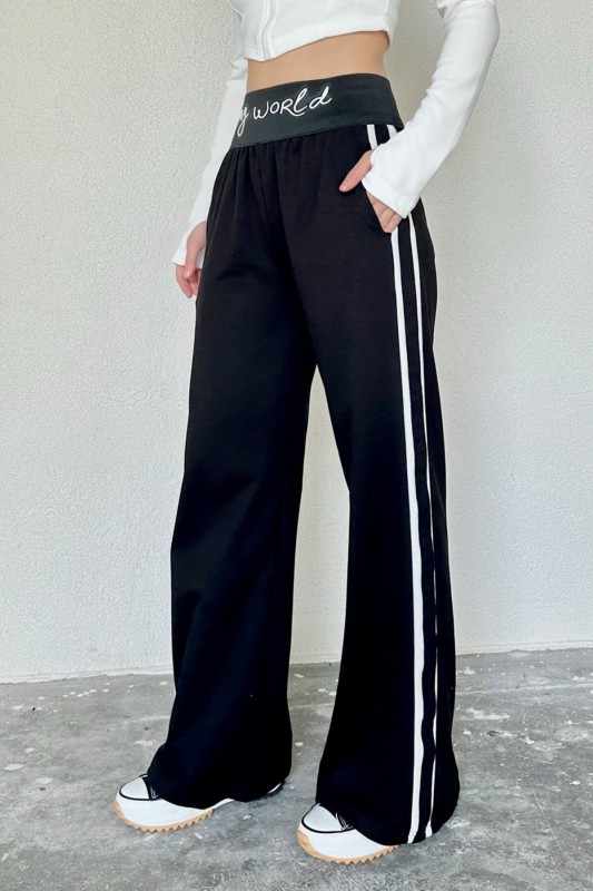 PNT-07363 Siyah Bel Lastik Yazı Detaylı Salaş Şerit Detay Pantolon - 2