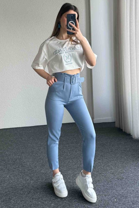 PNT-07366 İndigo Mavisi Kemerli Atlas Kumaş Havuç Model Pantolon
