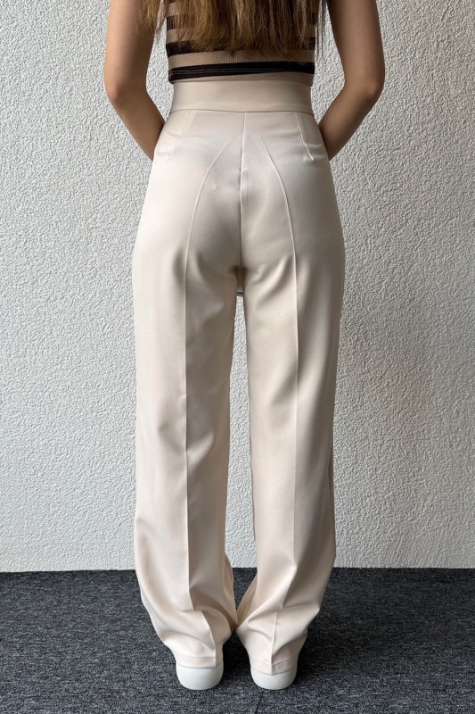 PNT-07374 Krem Rengi Çıtçıtlı Palazzo Pantolon - 6