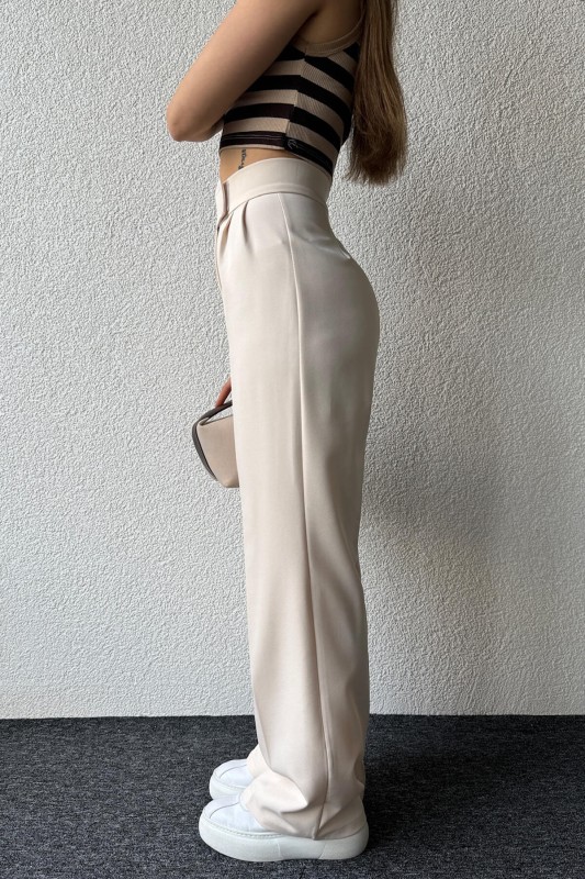 PNT-07374 Krem Rengi Çıtçıtlı Palazzo Pantolon - 5
