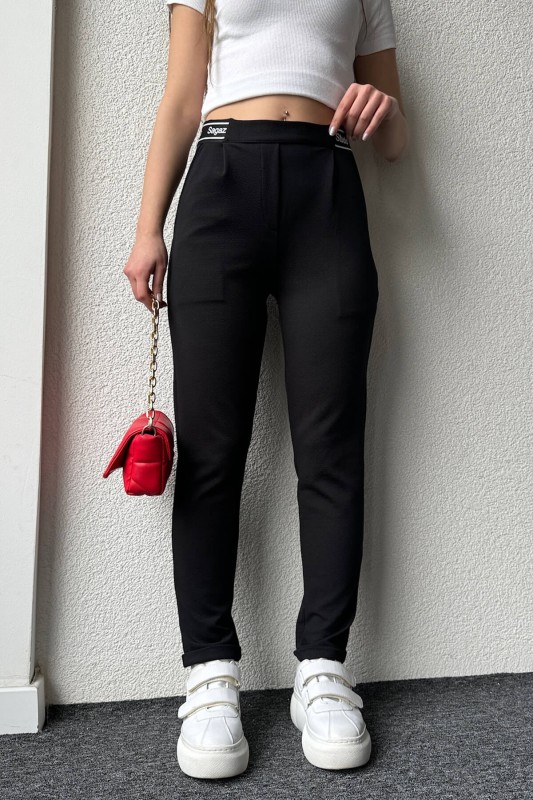 PNT-07377 Siyah Bel Yazı Detay Ve Lastikli Krep Kumaş Havuç Pantolon