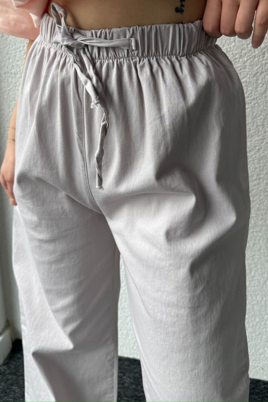 PNT-07379 Gri Paça Püsküllü Bel Lastik Ve İp Detay Keten Kumaş Salaş Pantolon