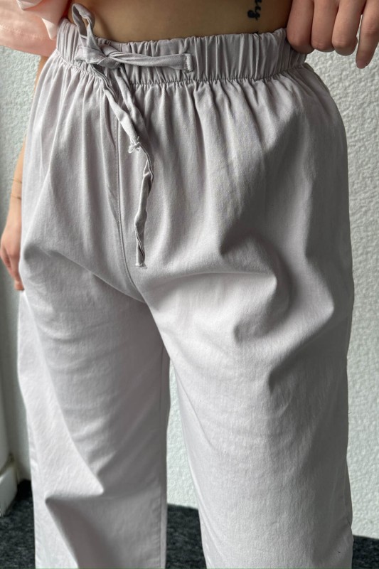 PNT-07379 Gri Paça Püsküllü Bel Lastik Ve İp Detay Keten Kumaş Salaş Pantolon - 4
