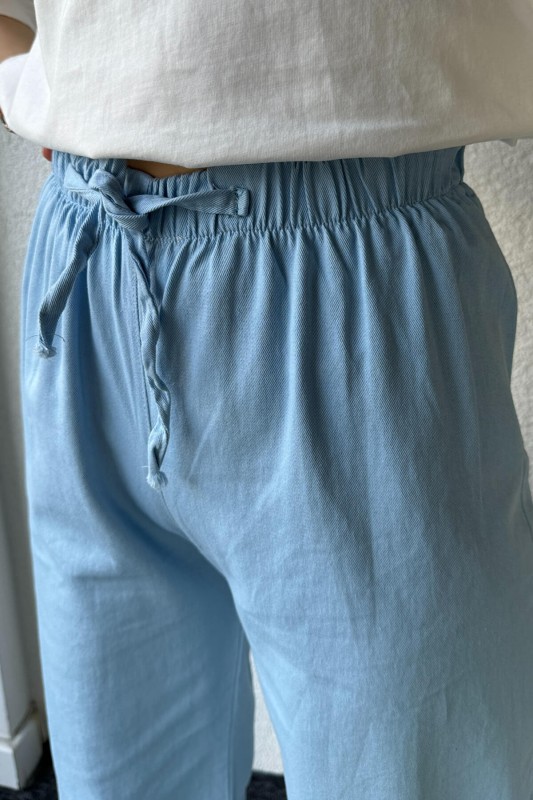 PNT-07379 Mavi Paça Püsküllü Bel Lastik Ve İp Detay Keten Kumaş Salaş Pantolon - 2