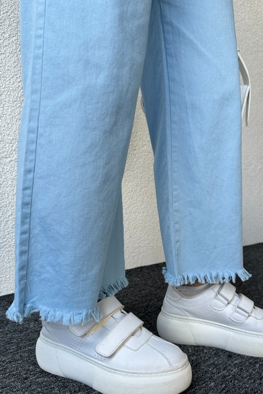 PNT-07379 Mavi Paça Püsküllü Bel Lastik Ve İp Detay Keten Kumaş Salaş Pantolon